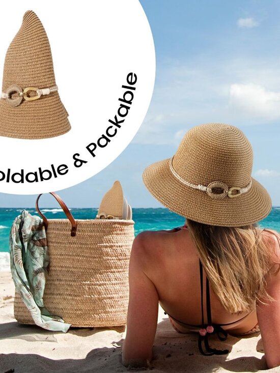 Women\'s Beach Sun Straw HatsUPF 50+ UV Sun Protection Wide Brim Buckle Khaki